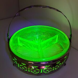 Uranium Glass Divided Candy Relish Dish with Chrome Carrier Vintage
